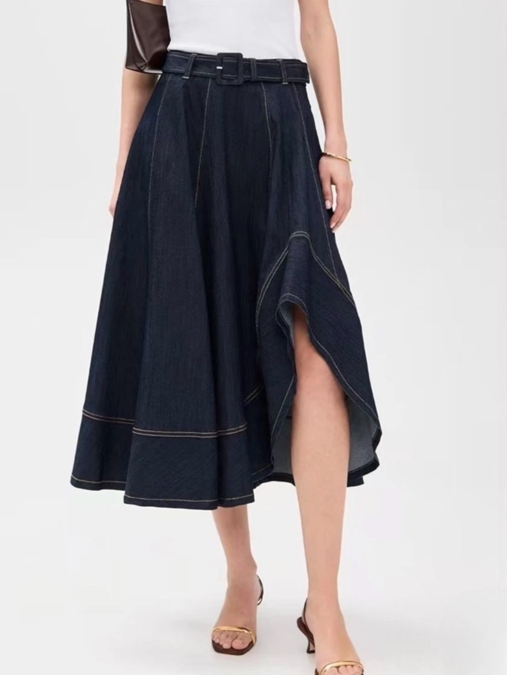 Cinq a Sept Zelda Asymmetric Denim Midi Skirt with Belt, Sz 10